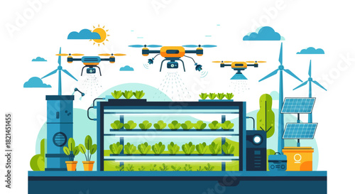 Explore the future of sustainable farming with automated drones watering crops in an indoor vertical farm powered by solar panels and wind turbines