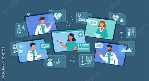 Virtual healthcare consultation with doctors online connecting through digital interfaces for modern medicine and telehealth solutions, promoting wellness and care