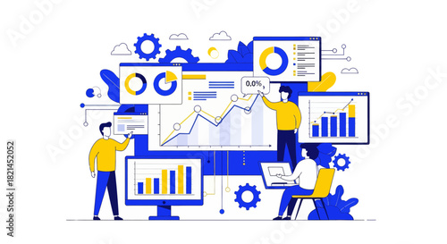 Dynamic team analyzing vibrant business data trends and charts for strategic growth in a modern digital workspace, showcasing innovation and collaborative success