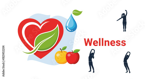 Promote healthy living with this vibrant design featuring a heart, fruits, water drop, and exercise silhouettes perfect for wellness campaigns and health programs