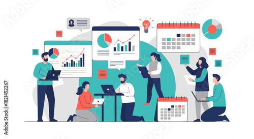 Dynamic team collaborating on data analysis and project planning for business growth, scheduling appointments and achieving targets in a vibrant office setting