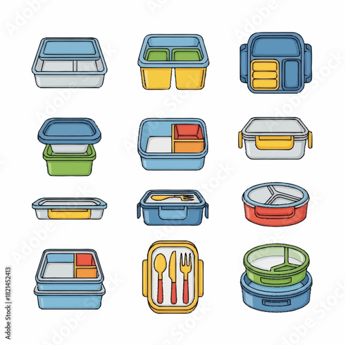 A diverse collection of colorful lunch box vector icons.