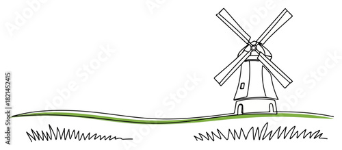 Windmill on a Hill Continuous One Line Drawing. Minimalist Dutch Rural Landscape Vector Art.