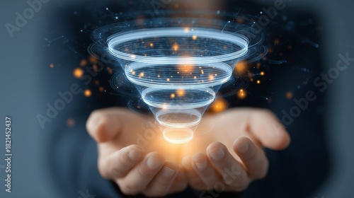 Hand holding a glowing digital conversion funnel hologram, symbolizing lead capture, customer journey and sales optimization.