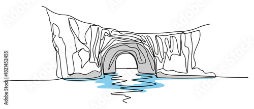 Sea Cliff Arch Continuous One Line Drawing. Minimalist Coastal Rock Formation and Ocean Landscape Vector.