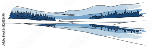 Winter Landscape with Frozen Lake One Continuous Line Drawing. Snowy Forest and Reflection Minimalist Vector Scenery.