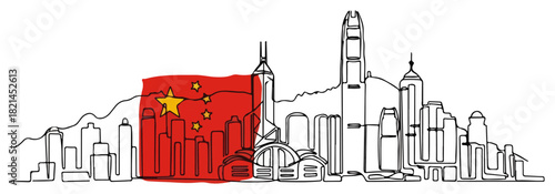 Hong Kong Skyline with China Flag One Line Drawing. Continuous Line Art Vector Illustration of a Modern Asian Cityscape