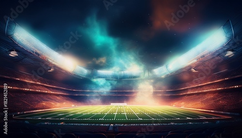 an american football stadium with a dark background featuring smoke and lighting effects
