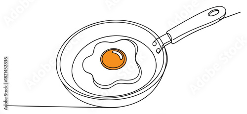 Fried Egg in a Pan One Line Drawing. Continuous Line Art Vector Illustration of Cooking Breakfast. Minimalist Food Icon