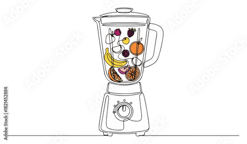 Continuous one line drawing of a blender with fresh fruits for a healthy smoothie
