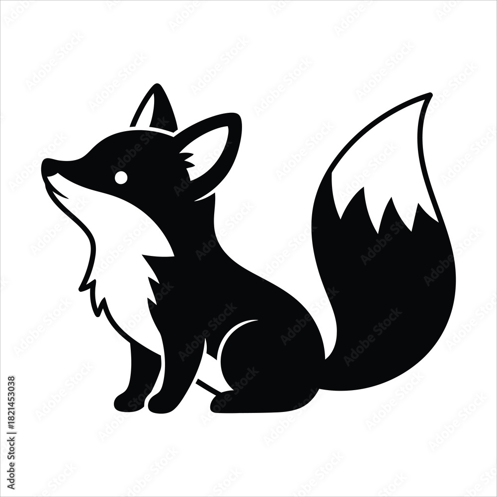 Naklejka premium A charming black and white illustration of a cute sitting fox with a large fluffy tail