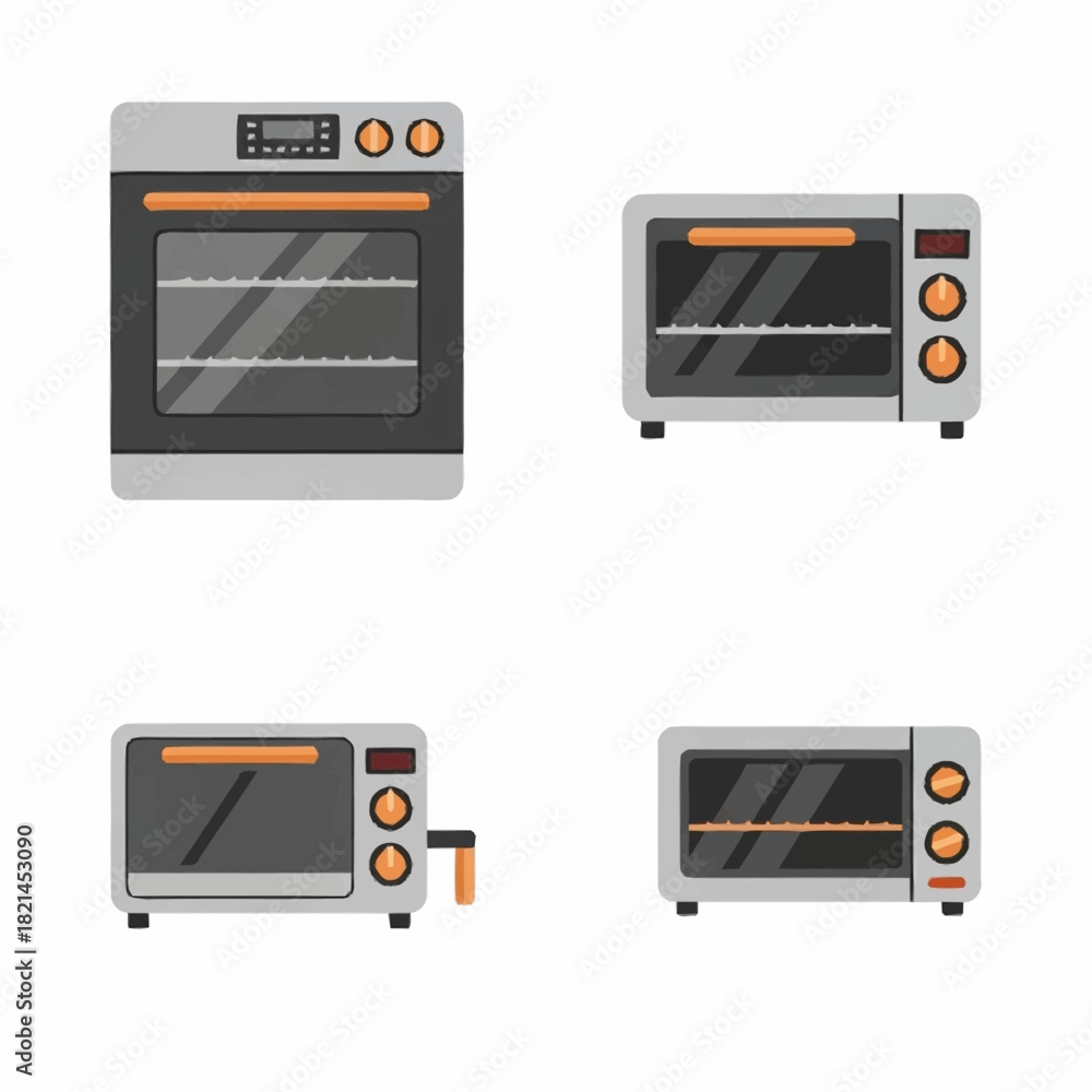 Fototapeta premium Collection of Four Modern Kitchen Ovens and Toasters.
