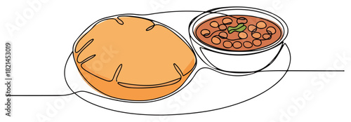 Continuous one line drawing of Chole Bhature a popular Indian street food dish