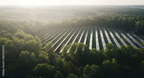 An aerial view shows a solar panel array nestled amongst verdant forest in morning light.