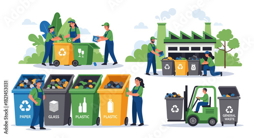Dedicated team sorting waste for recycling at a modern plant, promoting sustainability and environmental responsibility, a vibrant and positive illustration