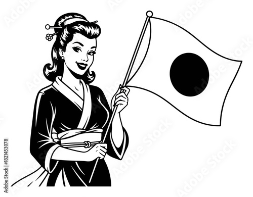 Retro Japanese Woman in Kimono Holding Japan Flag. Vintage Pin-up Style Vector Illustration.