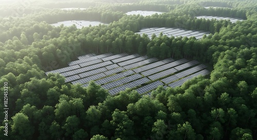 Aerial view of solar panels nestled among lush green trees in a forest setting.