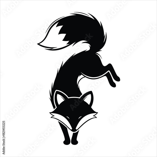 Black fox illustration jumping with a bushy tail against a white background