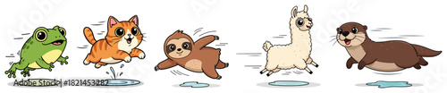 Cute Running Animals Vector Set. Happy Cartoon Illustration of a Frog Cat Sloth Llama and Otter in a Row