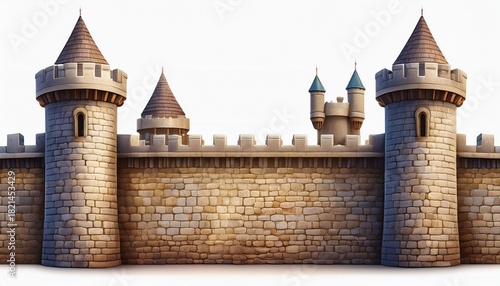 a stone castle wall with turrets and towers on a empty background