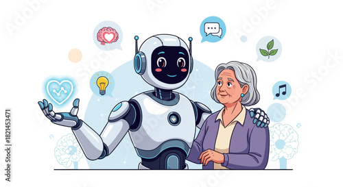Caring robot companion assisting senior woman with modern technology, offering smart home support and companionship for independent living, embracing innovation