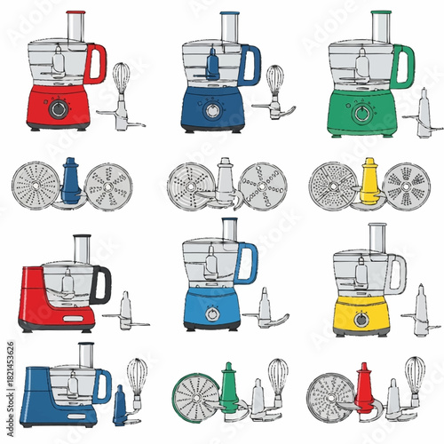Colorful Food Processors and Attachments Collection.