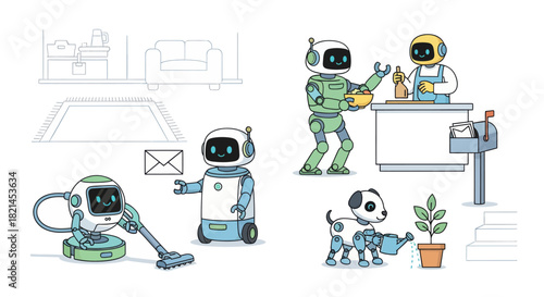 Futuristic home chores made easy with friendly robots cooking, cleaning, delivering mail, and gardening offering ultimate convenience for modern living