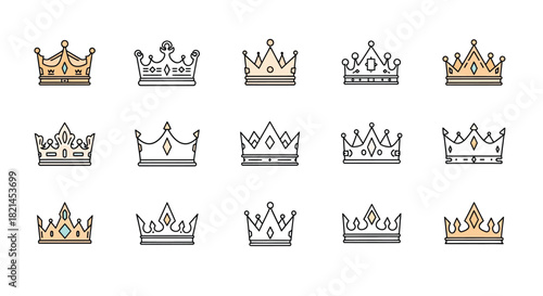 Fifteen charming crown icons with modern design for royalty, gaming, branding, and creative projects to give your designs an elegant touch