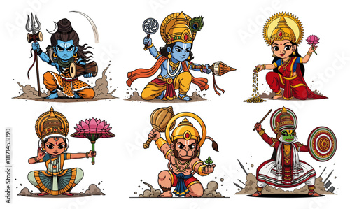 Set of cute cartoon Hindu gods and characters with Shiva Vishnu Lakshmi and Hanuman