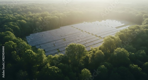 Aerial view of solar panels among forest trees on a foggy morning, harnessing nature's energy.