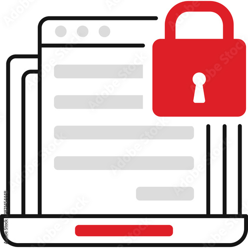 Cybersecurity concept graphic illustration of a locked document on a screen symbolizing data protection and online safety with a red padlock icon on a clean background