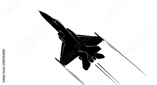 Silhouette of a fighter jet in flight against a white background.
