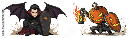 Halloween monsters warriors set – Dracula vampire with bat wings and coffin shield plus pumpkin head knight with lantern – cute chibi cartoon vector illustration