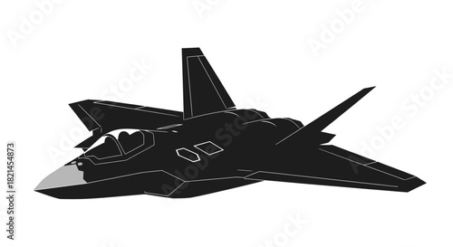 Black stealth fighter jet illustration with sharp angles and a futuristic design, ready for combat.