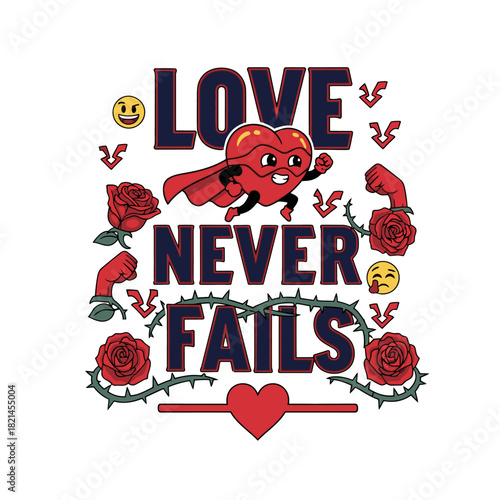 Love Never Fails A Heart Superhero Soars, Surrounded by Roses and Positive Vibes, Inspiring Romance