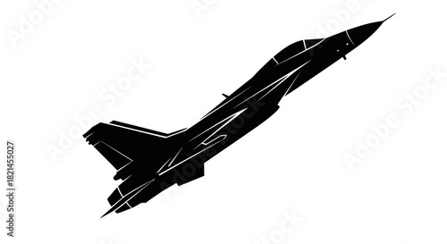 Silhouette of a fighter jet soaring upwards against a white background.