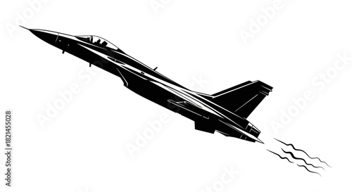 A sleek military fighter jet illustrated in black and white, soaring upwards with exhaust trails.