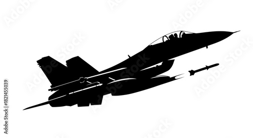 Silhouette of a fighter jet launching a missile in flight, depicted against a white background, showcasing military aviation.