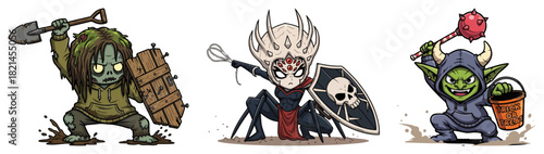 Halloween fantasy monsters set – swamp zombie brute horned spider queen and goblin witch with potion – cute chibi cartoon vector illustration