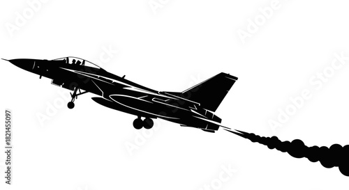 Silhouette of a fighter jet taking off with a thick smoke trail against a white background.