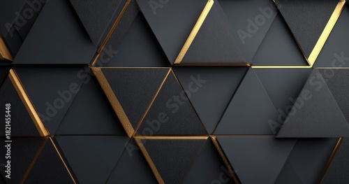 Abstract geometric wall texture. Triangles in dark gray with gold accents, close-up view