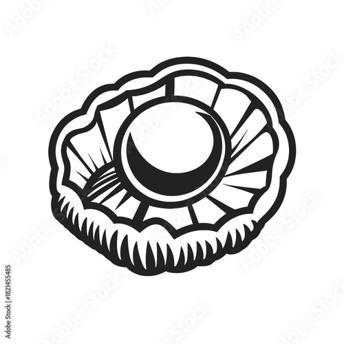 Stylized pearl in a shell vector graphic, simple black and white icon art isolated on white background, Vector, illustration