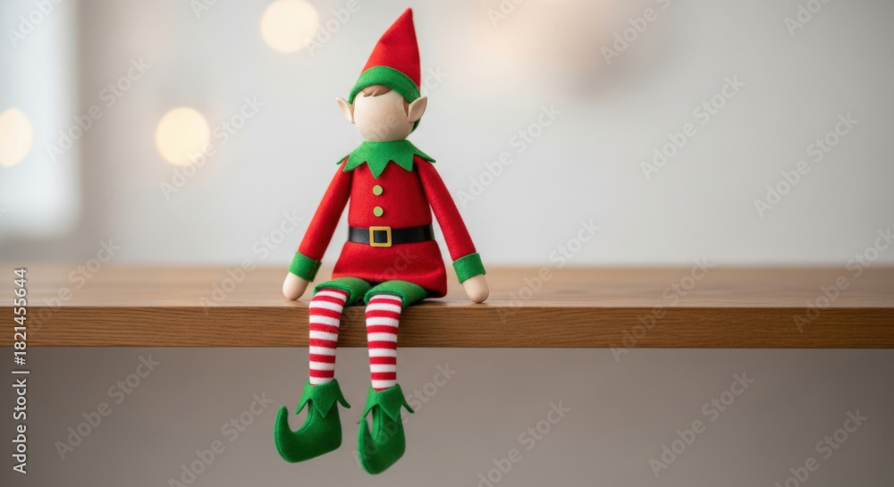 Fototapeta premium Blank face wooden toy Christmas elf doll sitting on empty shelf with bokeh lights in background. Copy space