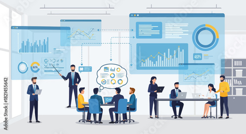 Dynamic team strategizing data insights for business growth in modern office, presenting analytics and collaborating for success in a vibrant environment