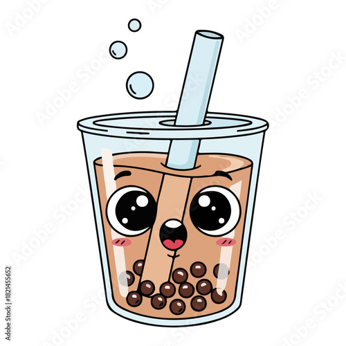 Cute Bubble Tea Kawaii Character. Vector Cartoon Mascot of a Boba Milk Tea Drink with a Happy Face