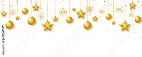 Gold stars, balls and snowflakes background. Celebration frame. Bright Holiday ornament. Luxury hanging baubles. Christmas 3d gold glass toys. Festive glitter design elements. Vector illustration
