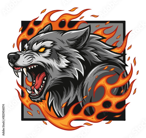 Aggressive roaring wolf head with flames vector mascot for esports and sport teams