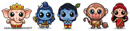 Set of cute kawaii Hindu gods Ganesha Shiva Krishna Hanuman and Lakshmi vector characters