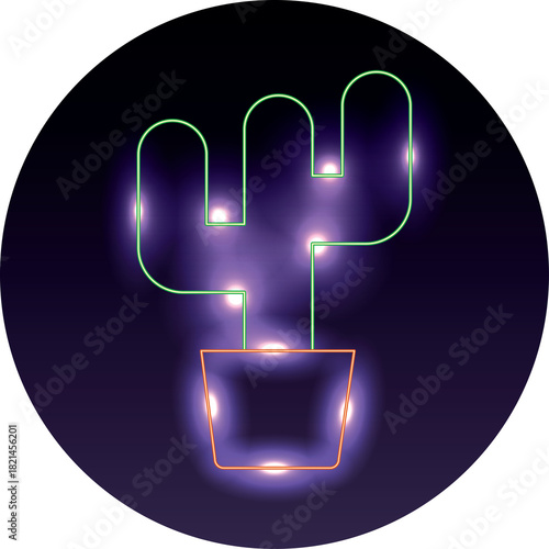 Abstract Glowing Cactus Illustration with Neon Outline and Purple Haze Effect in Circular Frame
