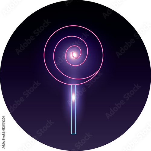 Abstract Swirl Lollipop Candy with Neon Pink Outline and Glowing Center on Dark Gradient Background with Blue Stick